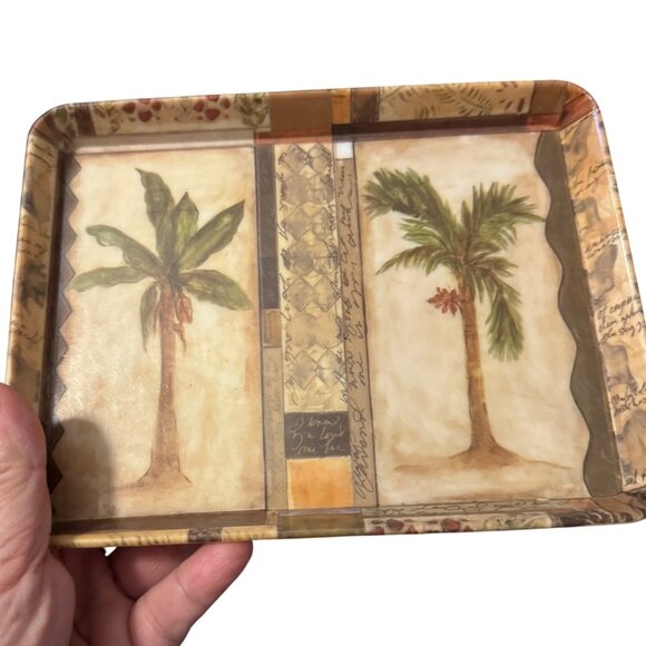 Vintage Tropical Palm Tree Green Beige Decorative Melamine Trinket Tray Set of 3 - Picture 3 of 16